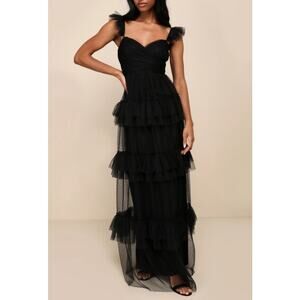 Lulus Pure Radiance Black Mesh Swiss Dot Tiered Maxi Dress